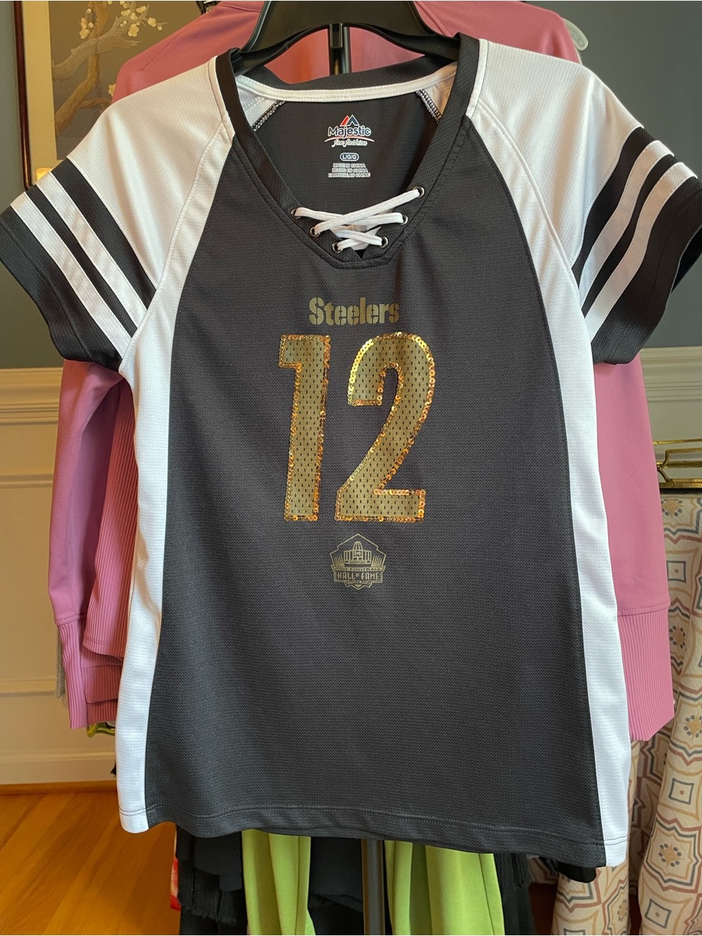 Majestic Black & White Youth Steelers Lace-Up Jersey with Gold Sequin #12